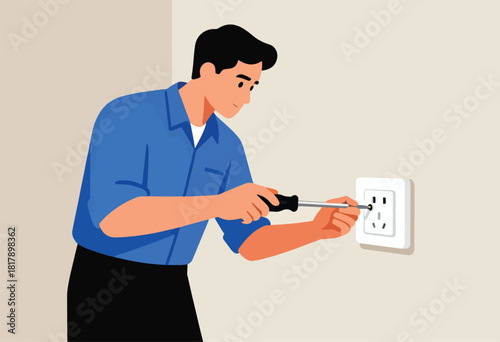 An electrician fixes an electrical outlet on a wall, using a screwdriver. The illustration depicts a focused figure