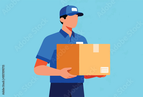 A delivery person, in a blue uniform and cap, holds a brown package. The background is a simple teal