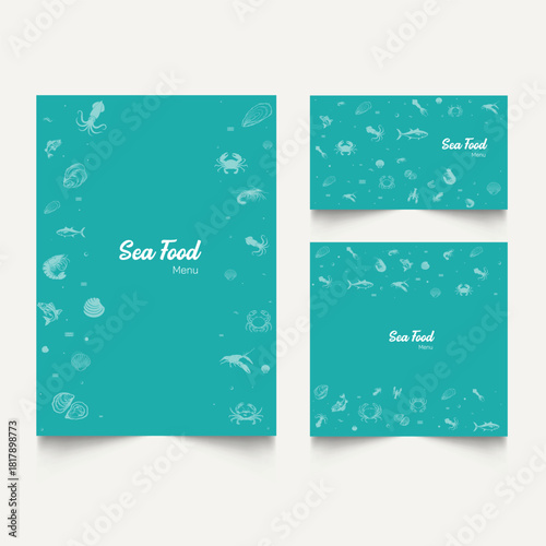 Set of Seamless pattern with various seafood. Illustration of fish, shellfish and crustaceans.