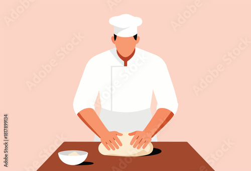 A chef in a white uniform and hat kneads dough on a brown table with a bowl of ingredients