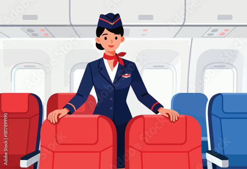 An illustration of a flight attendant in uniform standing between seats inside an airplane cabin