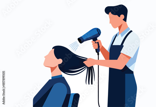 Stylized illustration depicts a person getting their hair dried at a salon by a stylist holding a blow dryer