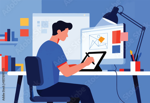 A man in a blue shirt is seated, using a tablet and computer, working in a modern graphic style