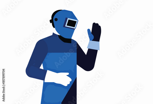A simplified illustration of a welder wearing blue protective gear, white gloves, and helmet with a black visor