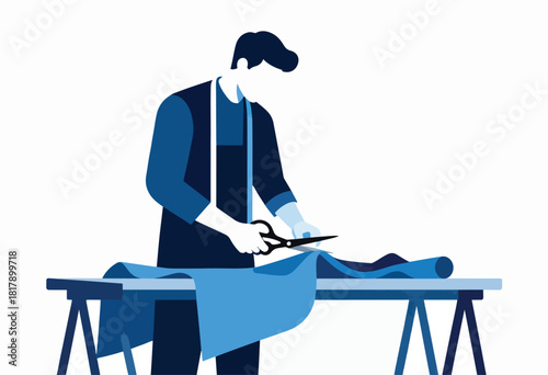 A tailor, depicted in minimalist style with shades of blue, cuts fabric on a table. Scissors are the main tool