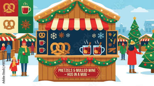 Illustration of a festive German Christmas Market scene with a wooden food stall, people, and decorated trees in a snowy cityscape with a warm and cozy atmosphere.