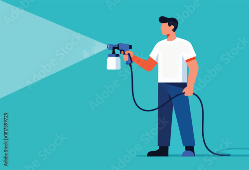 A flat illustration of a person using a spray gun, with a misty spray and a teal background
