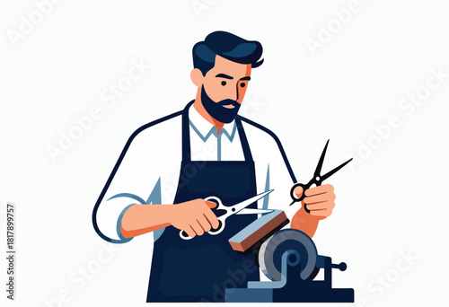 Vector illustration of a barber sharpening scissors, wearing an apron, with a beard, a grinder and sharpening stone