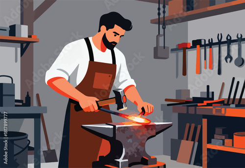 A blacksmith forges metal on an anvil in a workshop. Tools hang, objects sit on shelves, and heat is present