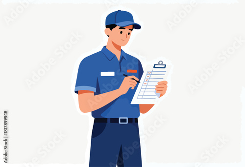 A man in a blue uniform, hat, holding a clipboard with checklist, pen in hand, looking at it