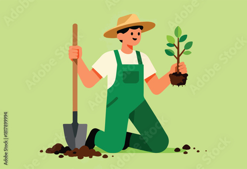 A gardener kneels, holding a sapling with soil, beside a shovel. Wearing overalls and a hat, ready to plant