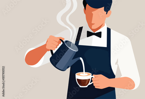 Stylized illustration of a barista pouring milk into coffee, steaming, in a cup held in the other hand