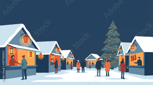 Illustration of a snowy German Christmas Market at night with people shopping and socializing among wooden stalls and a tall Christmas tree.