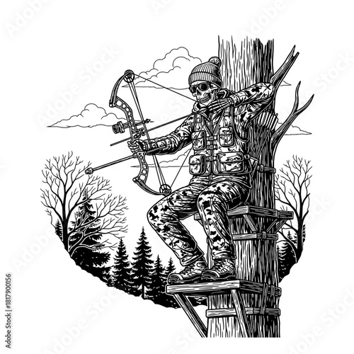 Skeleton hunter in camouflage with compound bow on tree stand in forest.