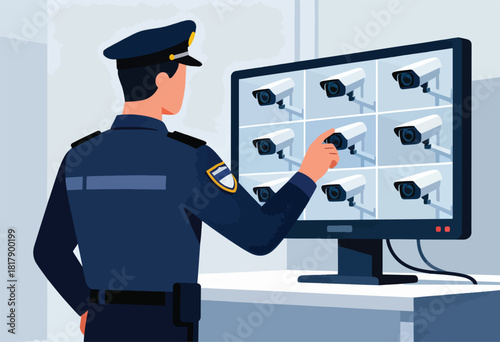 A security guard in uniform is watching surveillance footage of CCTV cameras displayed on a monitor