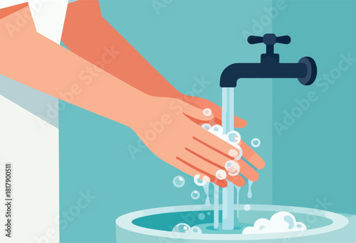 Illustration of hands under running water, washing with soap in a sink. Cleanliness concept