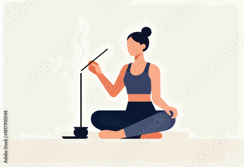 A seated figure meditates, holding incense, its smoke rising. Soft color palette and textured background