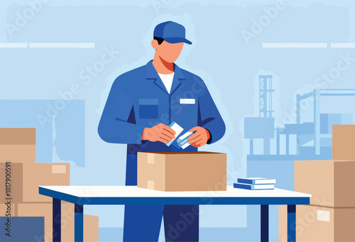 A worker in blue uniform puts items into a box on a table. Cardboard boxes and a factory setting