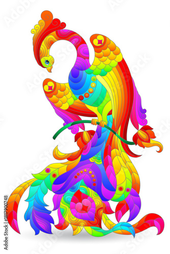 A set of illustrations in the style of a stained glass window with fabulous birds, isolated on a white background