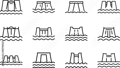 Hydroelectric Dam Icons Set illustration line