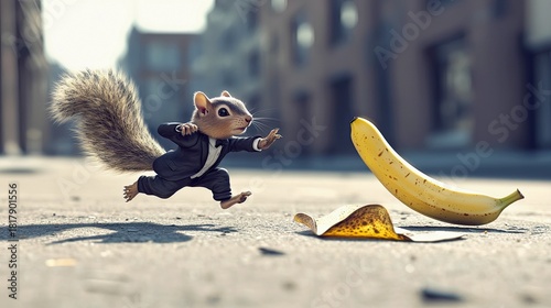 Fototapeta Naklejka Na Ścianę i Meble -  A small, anthropomorphic squirrel wearing a black suit and bow tie is captured mid-stride, running on a paved city street. A banana and its peel lie on the grou