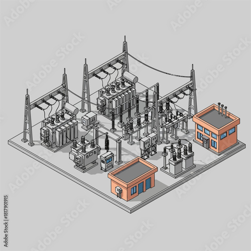 Electrical Substation Power Distribution Infrastructure with Buildings.