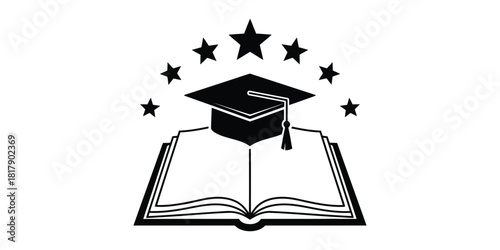 Graduation cap on open book with stars, symbolizing education