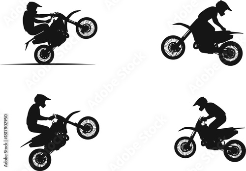 Silhouette, dirt bike, stunt, rider, jump, wheelie, motocross, sport, action, motion, extreme, airborne, posture, maneuver, black, white, abstract, minimal, energy, performance