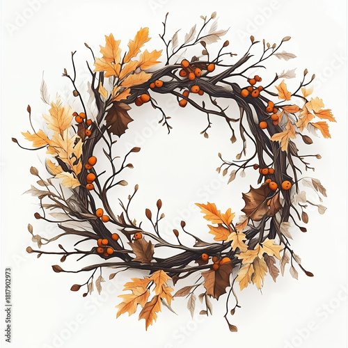Autumn Wreath with Oak Leaves and Berries on a White Background