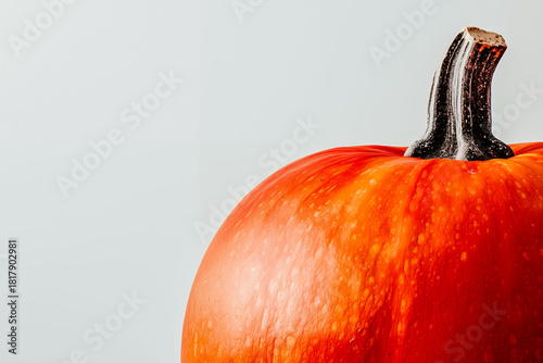 Close-up view of a vibrant orange pumpkin with a textured stem, isolated on a white background