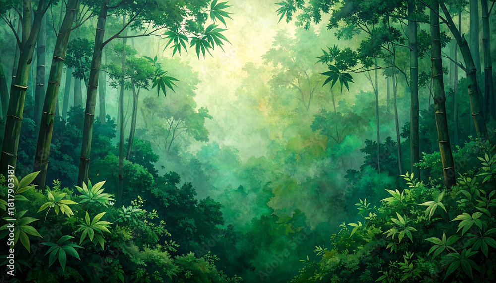 Naklejka premium 竹林と新緑に包まれる幻想的な朝の森