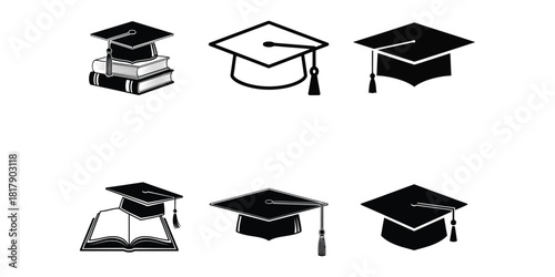 Academic graduation caps and books, isolated on