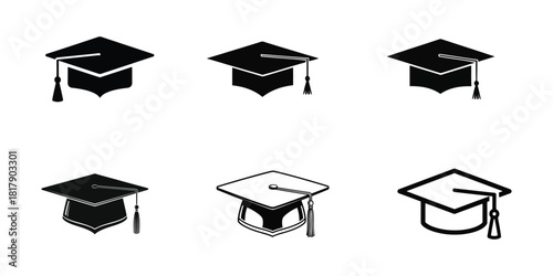 Black graduation caps and academic hats, isolated on white