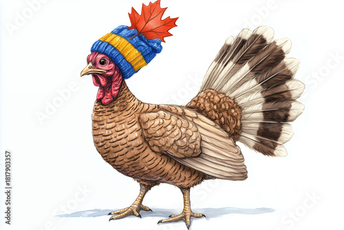 Thanksgiving Turkey Wearing a Blue and Yellow Beanie with a Maple Leaf