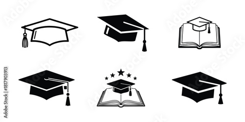 Collection of graduation caps and open books, isolated on