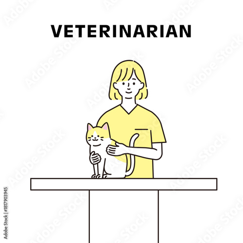 猫の診察をする女性獣医のイラスト