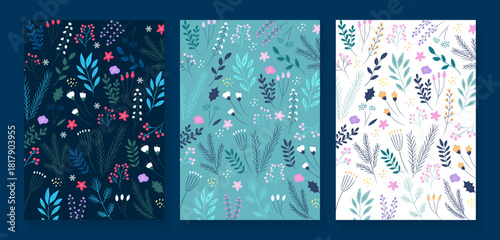 葉っぱと花のイラスト背景セット_1