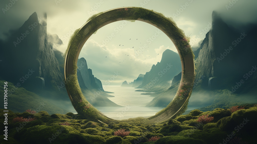 Fototapeta premium Beautiful round nature green lash arch in mountain forest park, concept mother nature path