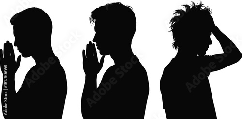 Silhouette, people, stress, emotion, anxiety, contemplation, profile, posture, hand gesture, worry, mental health, abstract, minimal, black, white, thoughtful, tension, expression, mood, design