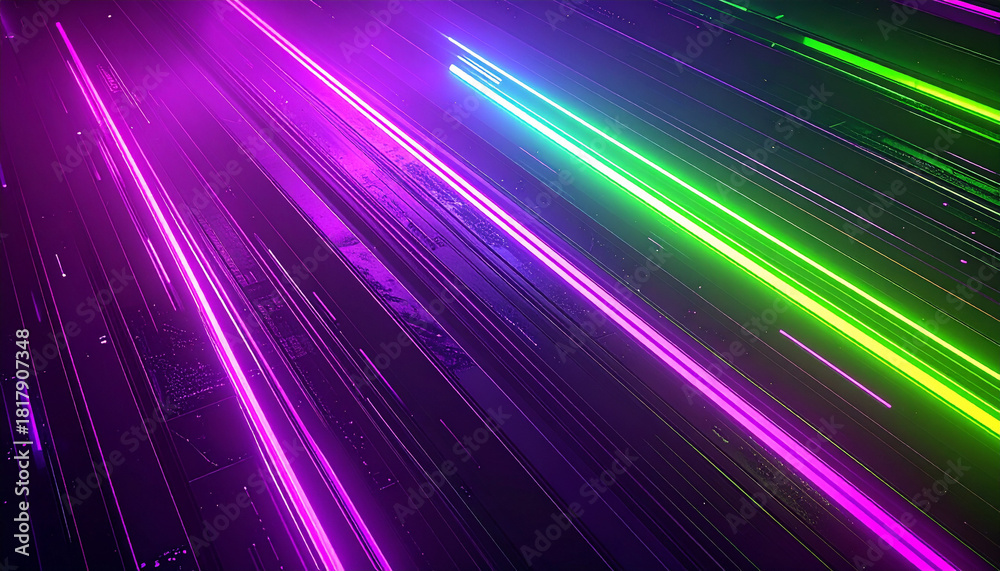 Fototapeta premium マゼンタから緑へ斜めに流れるネオン光線の宇宙空間背景