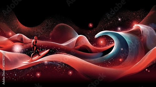 Fototapeta Naklejka Na Ścianę i Meble -  A stylized silhouette of a surfer on a surfboard rides a flowing, abstract wave composed of red and white lines. The background is black with scattered red and