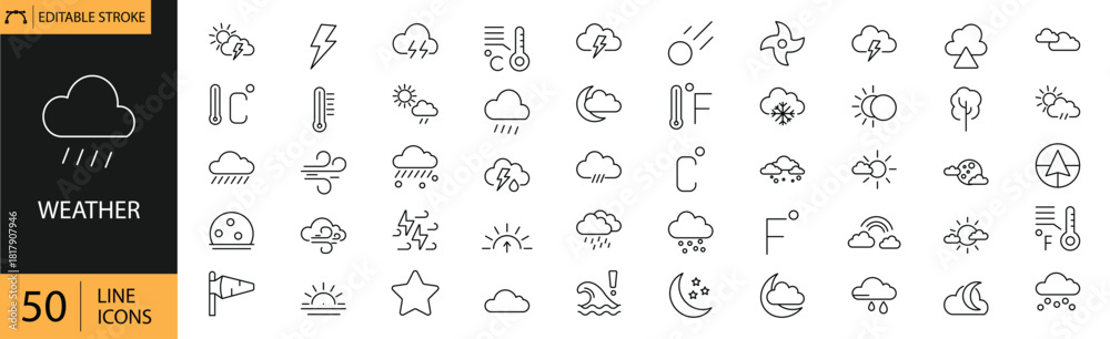Naklejka premium Weather icons set. Includes symbols of sun, clouds, rain, snow, wind, and temperature. Editable stroke. Vector illustration. Outline icons. Perfect for nature, environment, and climate projects.