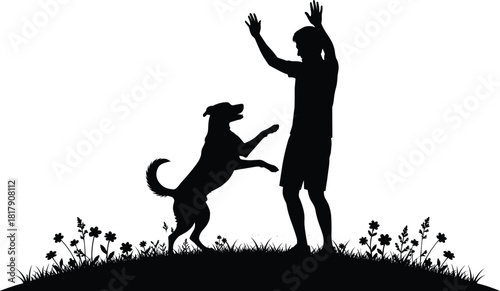 Silhouette, person, dog, playful, interaction, grass, flowers, nature, companionship, joy, outdoor, bonding, pet, human, standing, hind legs, arms raised, floral, peaceful, white background