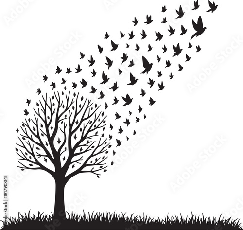 Black silhouette tree with flock of birds flying away