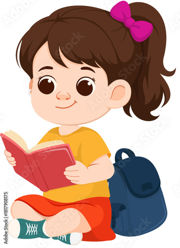 Illustration of Girl Reading Book with Backpack