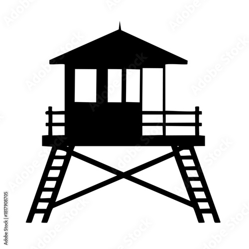 Silhouette of a lifeguard tower with a small cabin on top, supported by a cross-braced structure and ladders.
