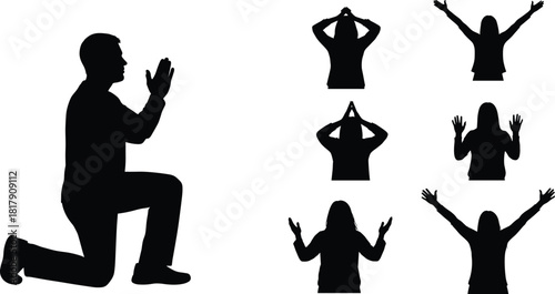 Silhouette, prayer, worship, spirituality, faith, religion, kneeling, standing, gesture, praise, reverence, pose, abstract, minimal, black, white, devotion, belief, meditative, expression