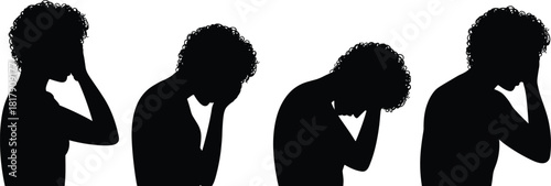Silhouette, person, stress, emotion, mental, health, anxiety, contemplation, posture, gesture, curly hair, abstract, minimal, black, white, despair, pain, expression, psychology, tension