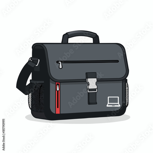 Black leather business briefcase vector illustration with lock and handle isolated object