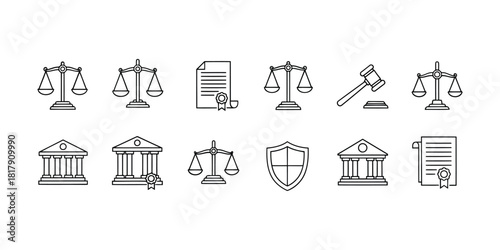 Legal icons set isolated on for justice and law